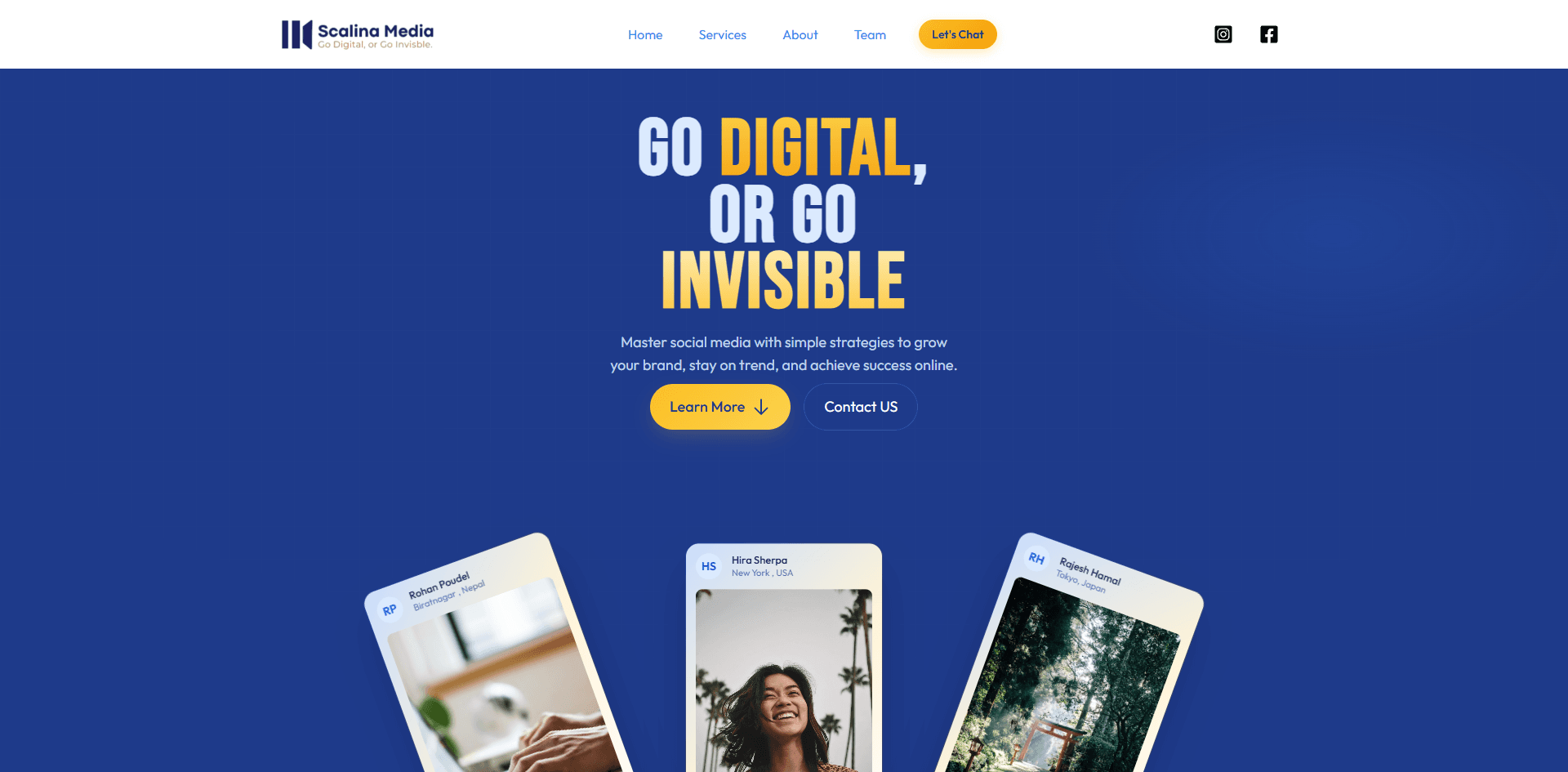 Scalina Media landing page with its digital-branding headline and social media visuals.
