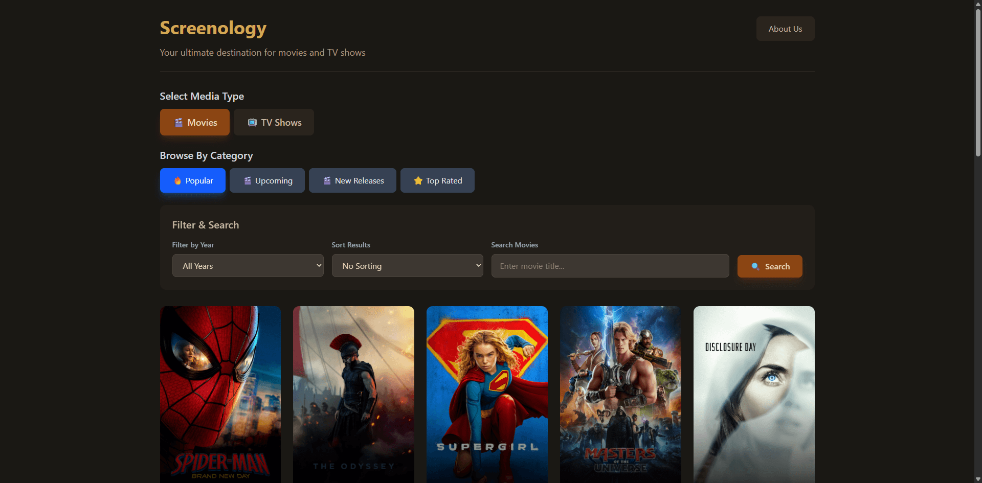 Screenology interface showing media filters and a grid of movie posters.