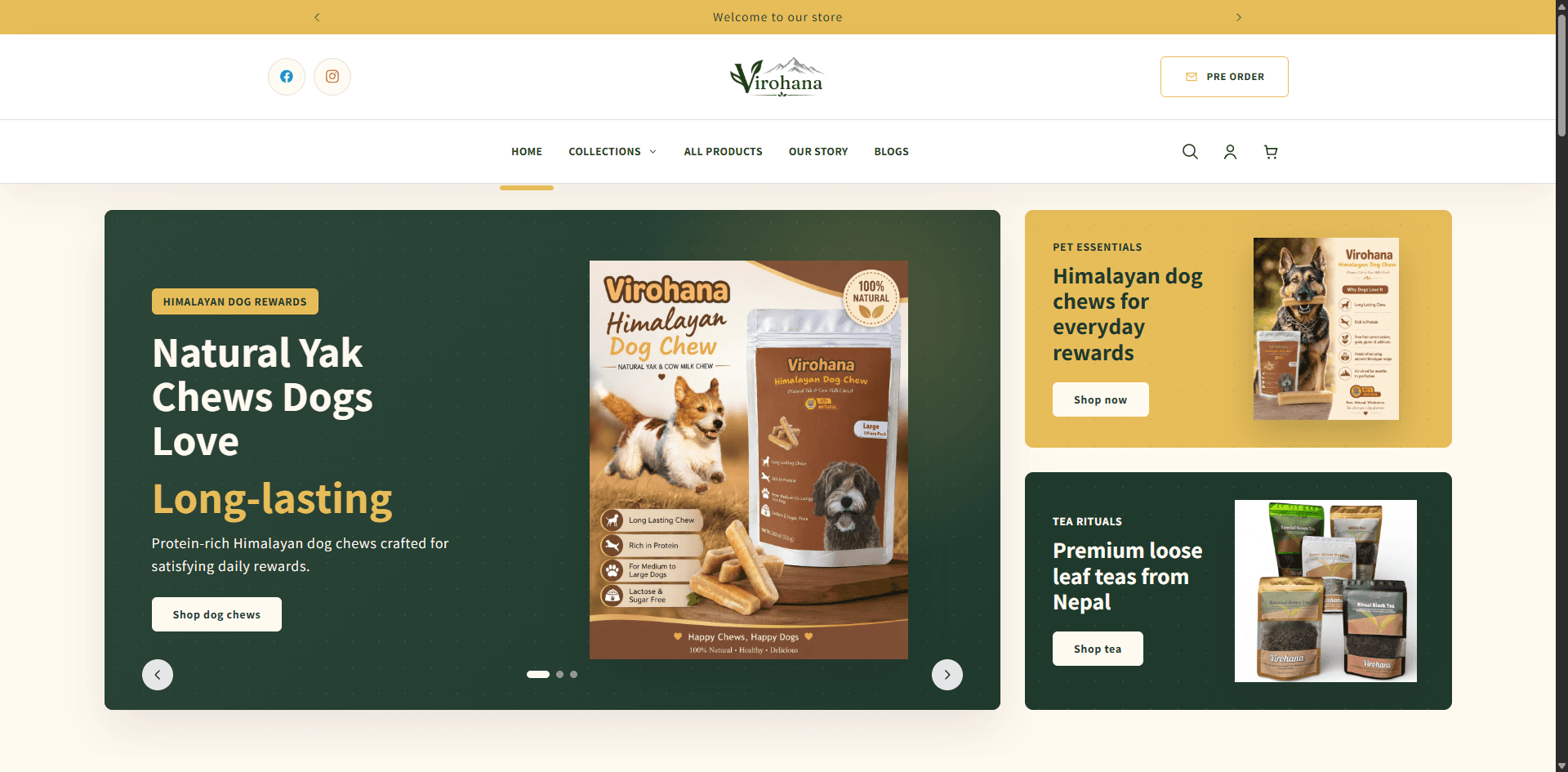 Virohana Shopify storefront featuring Himalayan dog chews and Nepal-sourced teas.